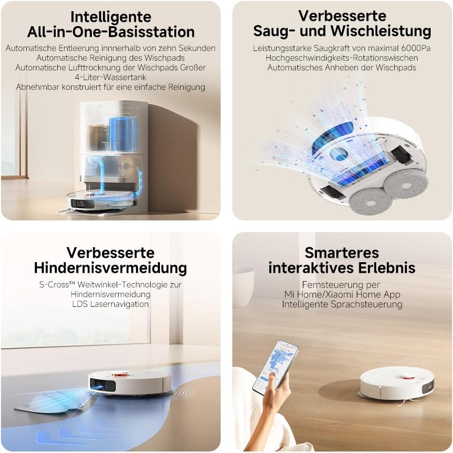 Xiaomi Robot Vacuum X20 Pro – 7000 Pa Saugleistung, duales Moppsystem, 75 Tage Staubbehälterkapazität, 4 Reinigungsmodi und 5200mAh Akku für eine gründliche und smarte Reinigung im Haushalt